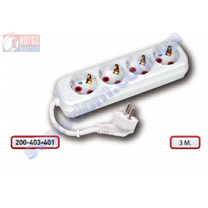Подовжувач Horoz Electric 4 гнізда 3 метри з заземленням 250V 16A